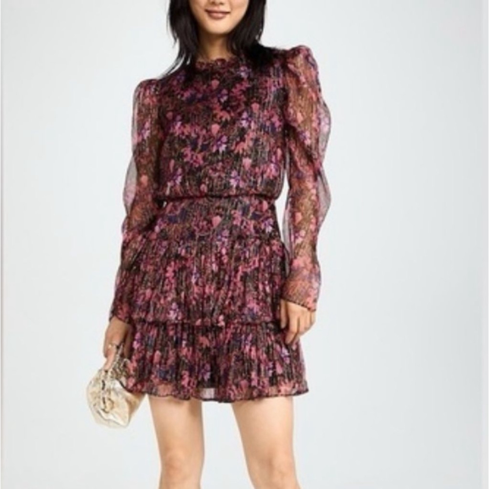 Saloni Ava B Silk Tiered Floral Sheer Long Sleeve Dress Canopy Sz 6 Whimsigoth - Picture 2 of 12